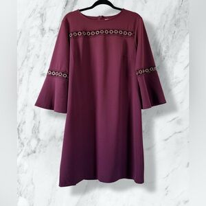 Burgundy Shift Dress with Grommet Detail & Bell Sleeves